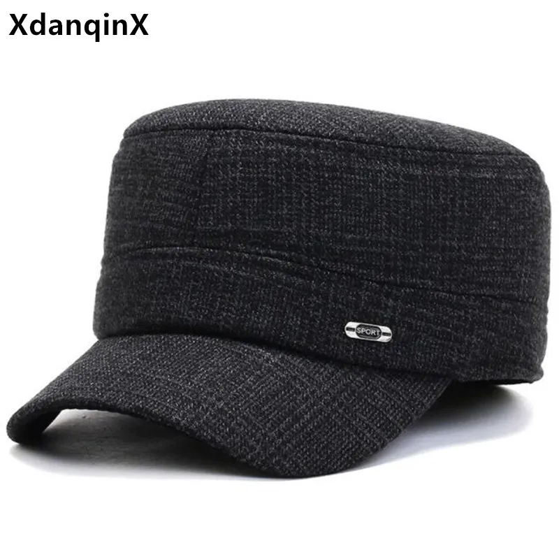 

XdanqinX New Winter Men's Hats Navy Cap Thick Warm Military Hats Adjustable Size Men Flat Cap Cold Proof Windproof Earmuffs Cap