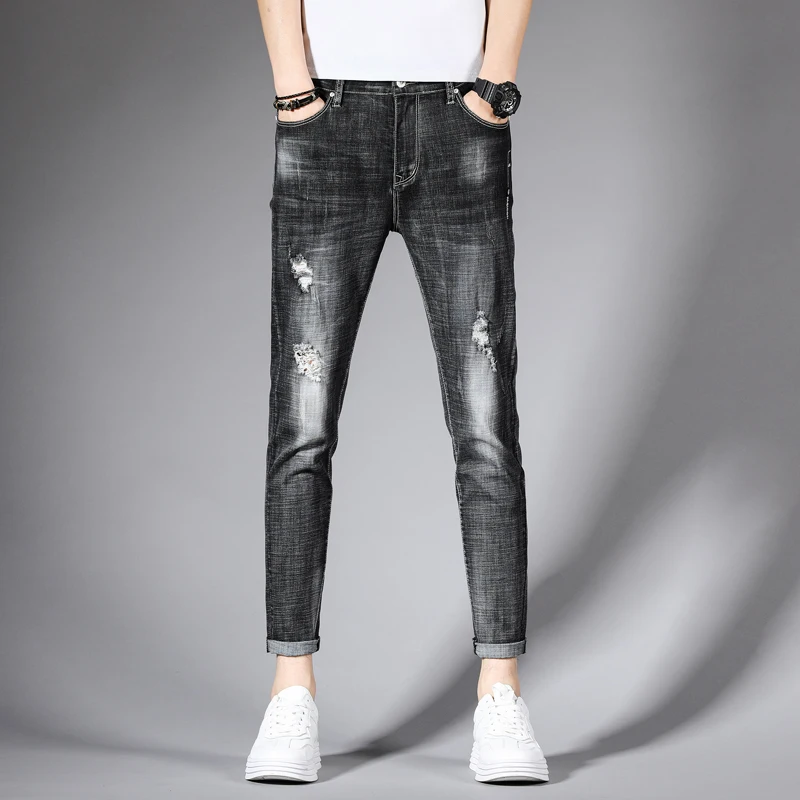 Итальянский стиль модные мужские джинсы черный серый цвет облегающие рваные