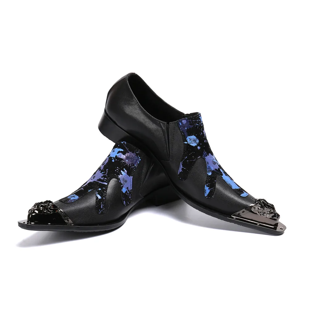 

Christia Bella Metal Pointed Toe Male Large Size Printed Splice Leather Shoes Men Party Dress Shoes New Fashion Nightclub Shoes