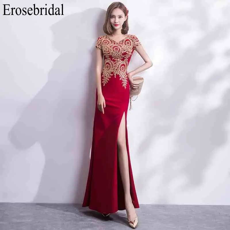Женское вечернее платье Erosebridal длинное золотистое кружевное с разрезом спереди