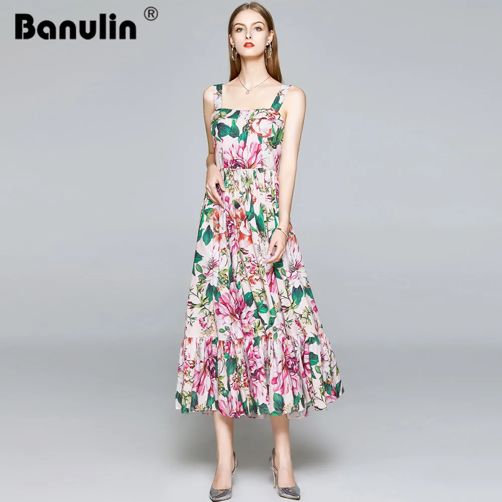 

Banulin Summer Runway Designer Spaghetti Strap Dress Women Elegant Floral Print Vacation A Line Dresses Ladies Midi Dress 2020