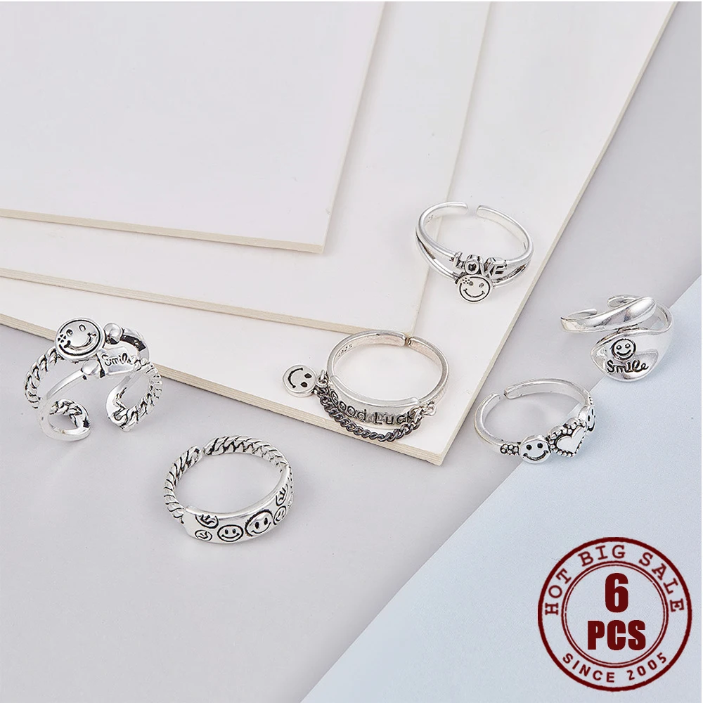 Кольца серебряные регулируемые женские в форме сердца 6 шт. | Украшения и