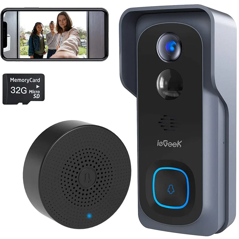 

Iegeek Rechargeable Doorbell Camera, Motion Detection Indoor Bell Ring Dual-way Voice Support SD Card and Cloud Storage 128GB
