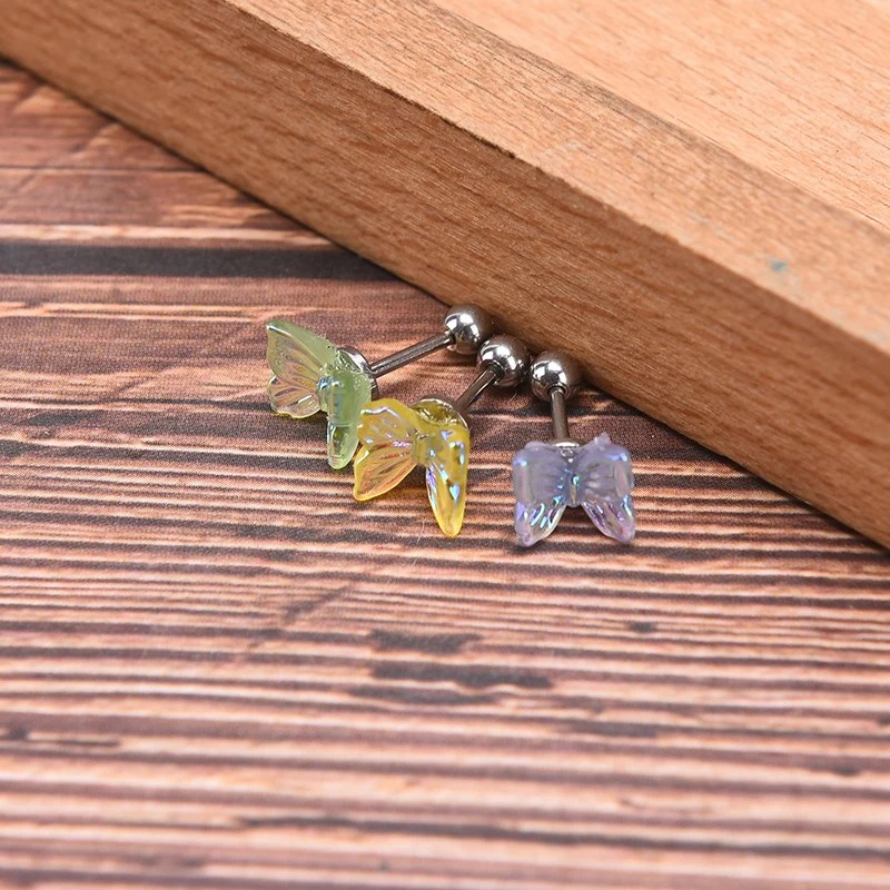 

1Pcs INS Little Butterfly Stud Tragus Earring For Women Acrylic Rainbow Titanium Steel Screw Piercing Mid Low Helix Earring