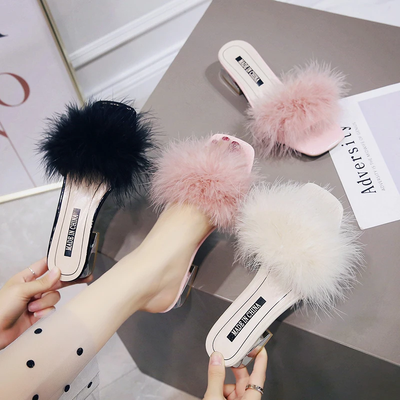 Тапочки из страусиного меха ярких цветов Женские меховые сандалии на толстом