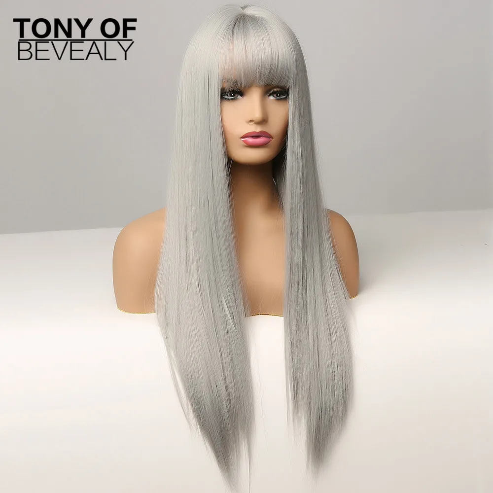 Длинные шелковистые прямые синтетические волосы парики серебристо серые