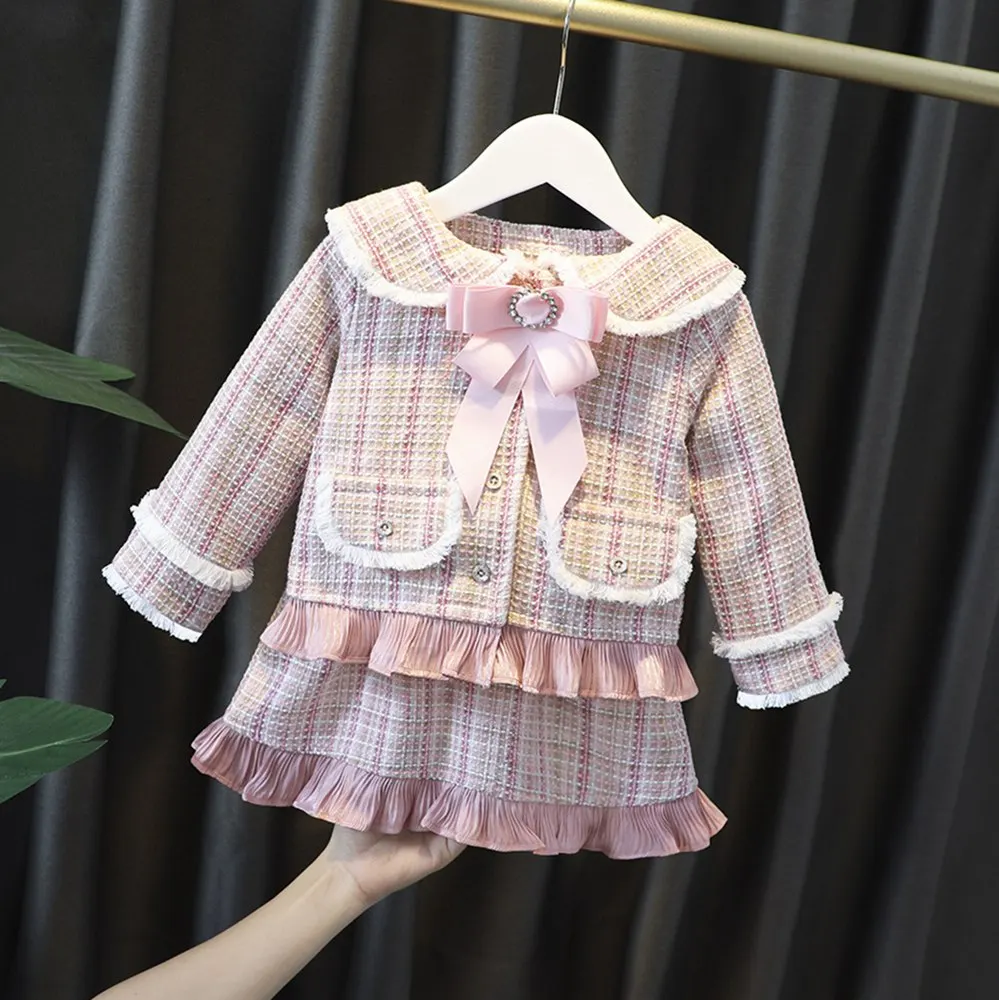 

Girls Children Kids Baby Bow Velvet Plaided Coat Outwear Jacket+Skirts 2PCS Suit Fashion Warm Winter Princess Clothes Set