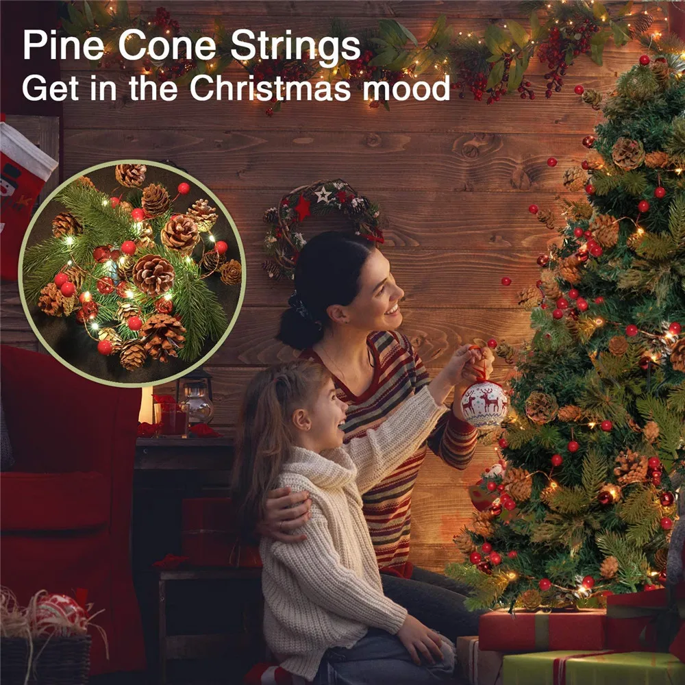 

Led Christmas Rose String Lights 2M 20LED Pine Cone Berry Copper Wire Lights Battery Christmas Party Wedding Decoration Garland