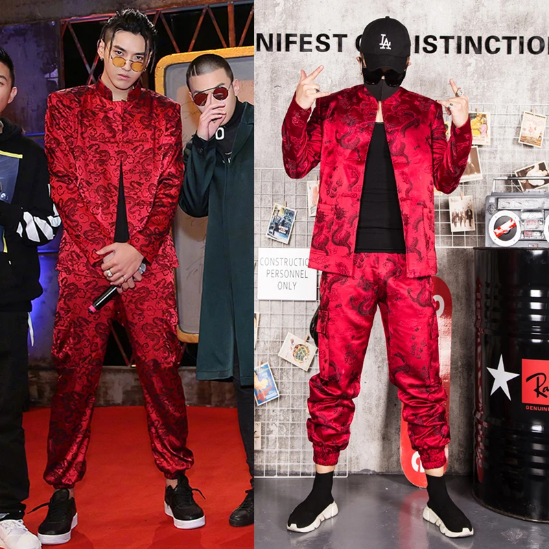 Custom Made Suits Sets Men Fashion Red Embroidered Casual Hip Hop Blazers Jacket Male Party Stage Singer DJ Costume