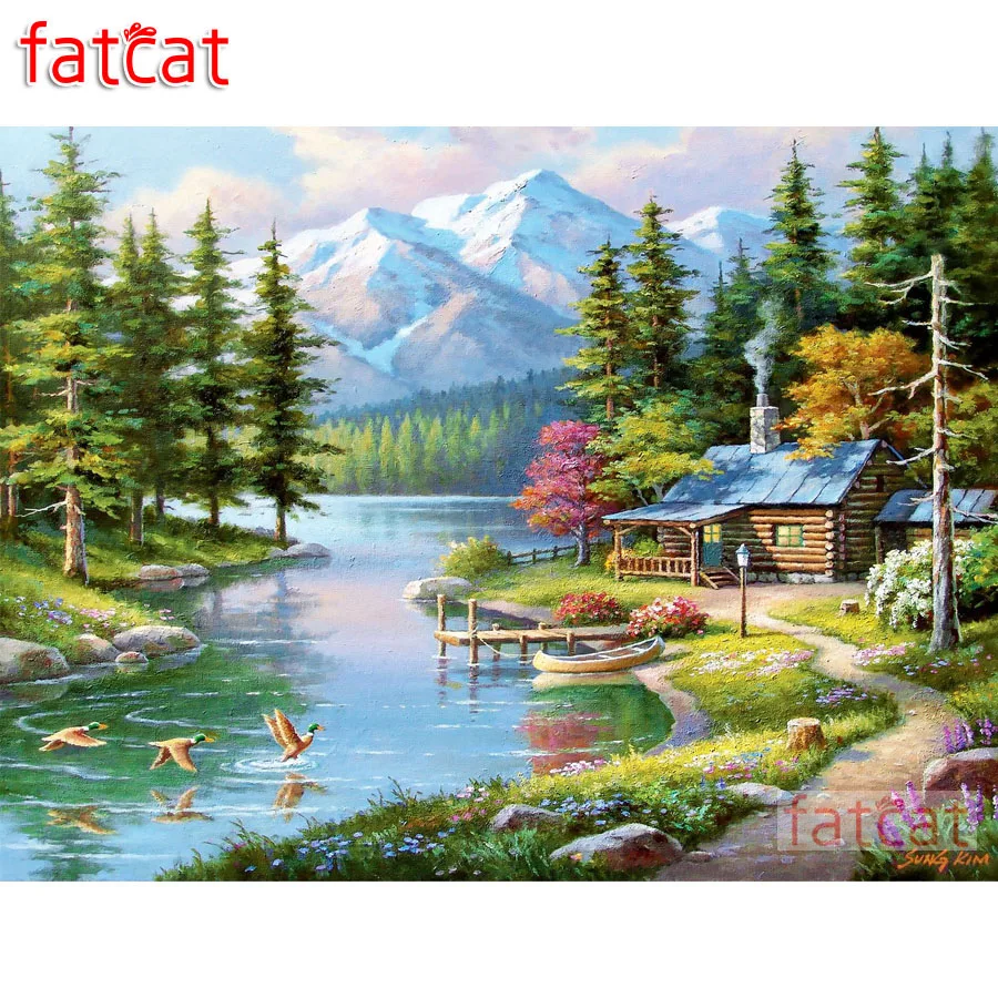 

FATCAT 5d diy diamond painting hut river scenery mountain full square round drill diamond embroidery sale mosaic art AE2185