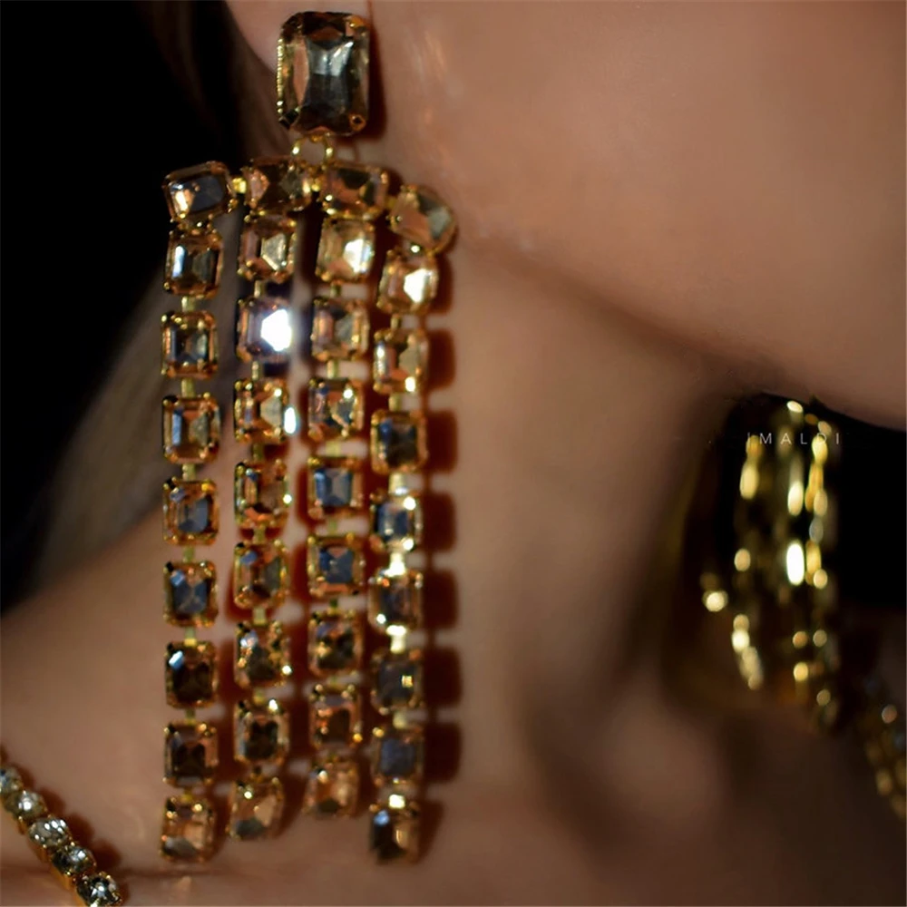 

Handmade Rhinestone Long Fringed Big Drop Earrings Accessories for Girl Oversize Crystal Hanging Dangle Earrings Wedding Jewelry