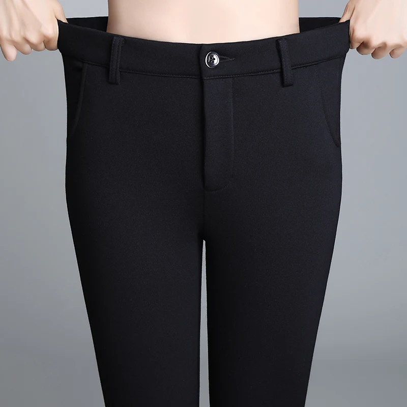 

High Waist Fleece Pants Women Solid Black Thickening Flare Pants 2020 Winter Warm Skinny OL Trousers Harajuku Female P9499