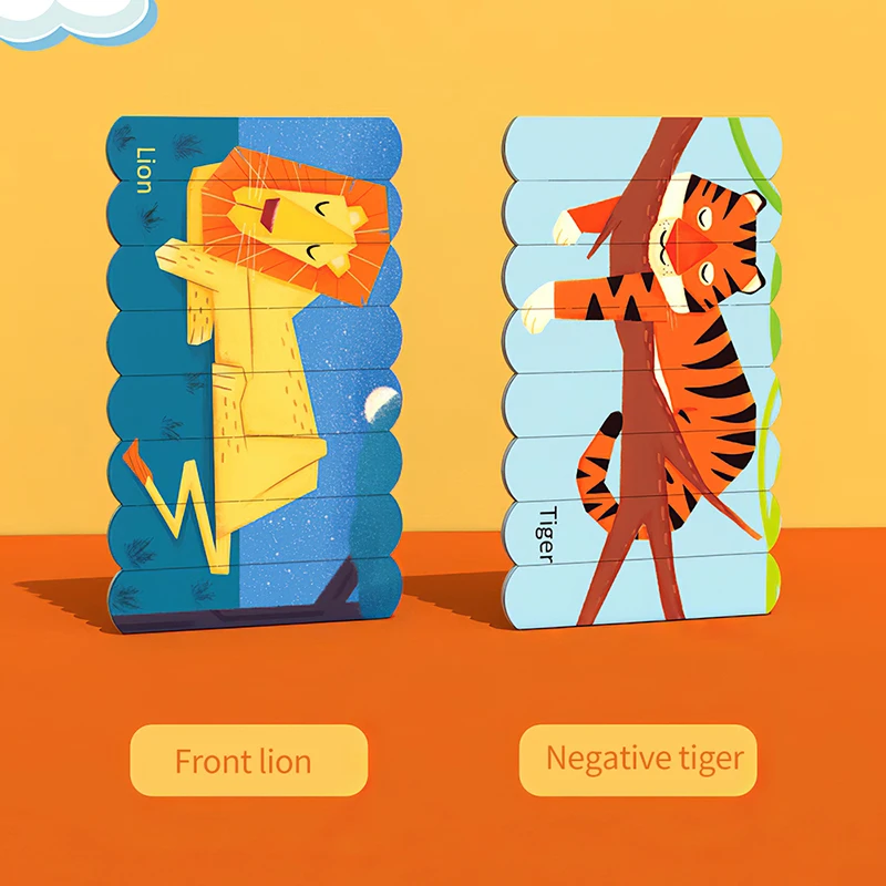 

3D Wooden Puzzle 8 Pictures Cartoon Jigsaw Puzzle Double Sided Kids Puzzle Educational Puzzle Blocks with Metal Storage Box