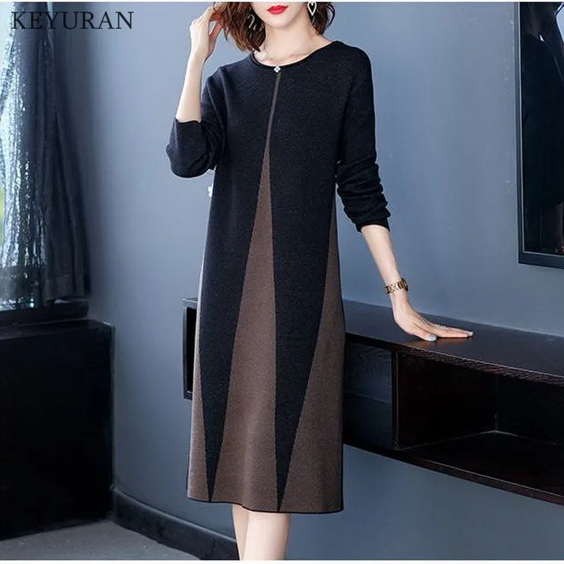 Женское вязаное платье-свитер свободного покроя с длинным рукавом | Женская