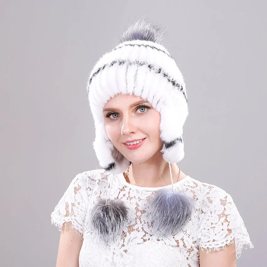 ICYMI Настоящий мех кролика шапка с ушами эластичные вязаные женские зимние