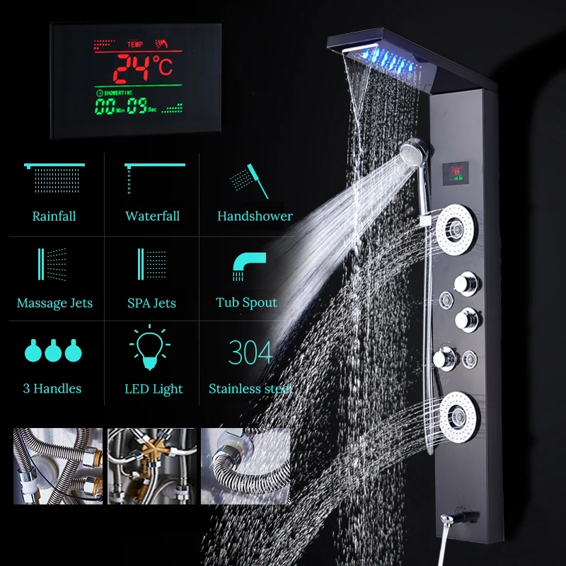Goede Nieuw Luxe Zwart/Geborsteld Badkamer Kraan Led Douche Panel Kolom Bad Mengkraan Met Handdouche Temperatuur Screen