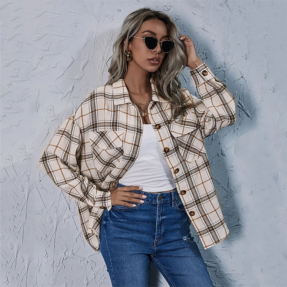 

Spring Vintage Plaid Tee Shirts Women Long Sleeve Single Breasted Turn Down Collar Female Casual Blouses Tops Hipster Streetwear