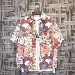 Рубашка Ulzzang мужская с принтом кота, модная уличная одежда свободного покроя в стиле хип-хоп, повседневная забавная уличная одежда с длинным рукавом, лето