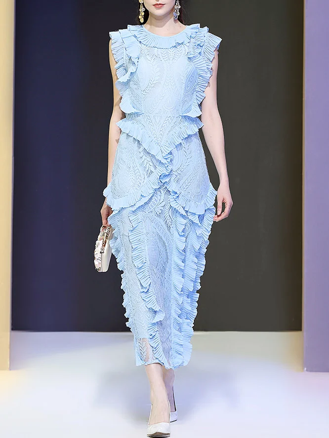 

2021 summer new women's lace and georgette pleated ruffled ladies temperament dress long skirt dress