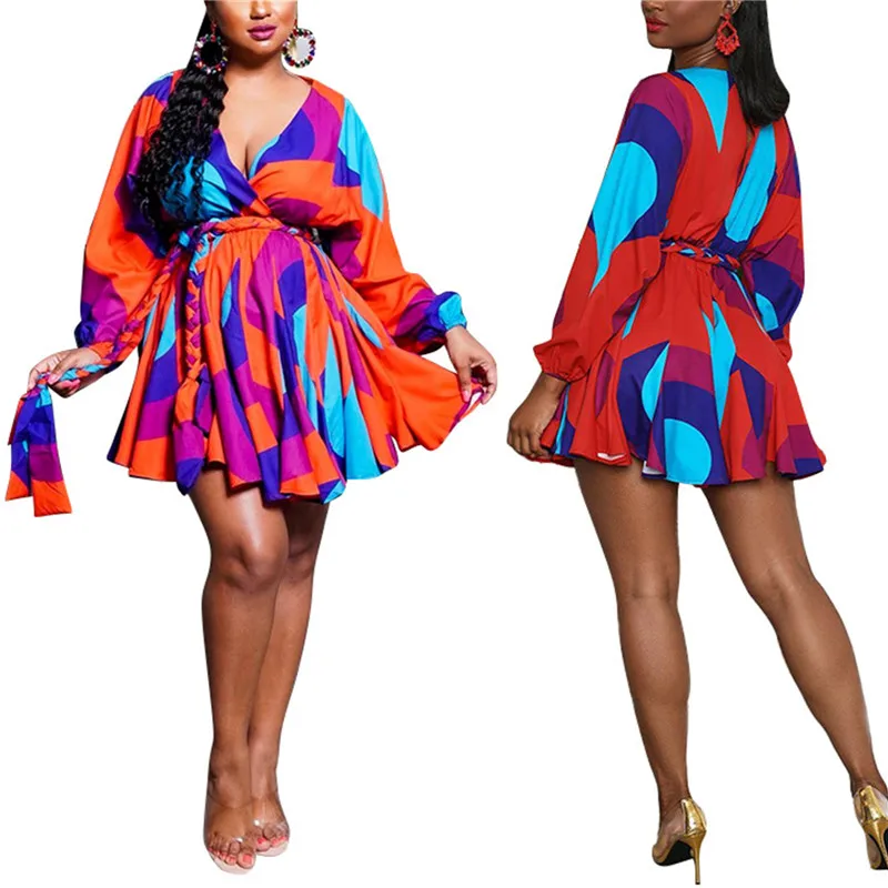 

Big Size Dress Women S-5XL Sexy High Waist V Neck Bandage Mini Dresses With Belt Vestidos Long Sleeve Striped Print Swing Dress