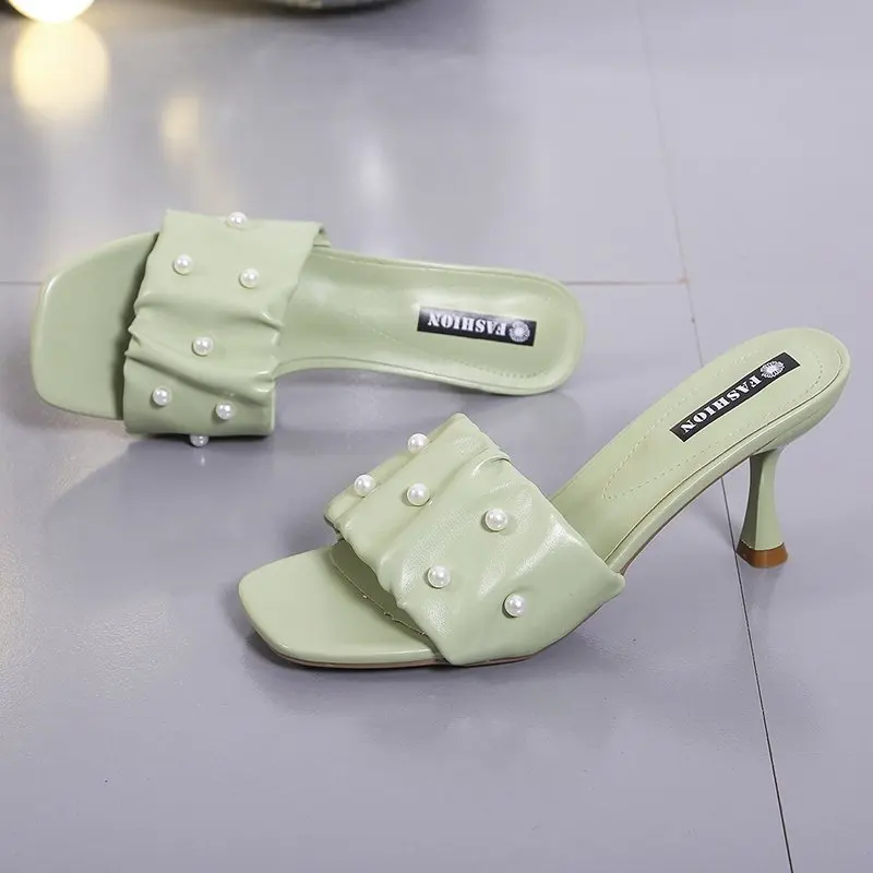 

Женские туфли на высоком каблуке, зеленые шлепанцы с жемчужинами и квадратным носком, туфли-лодочки на тонком каблуке, лето 2021