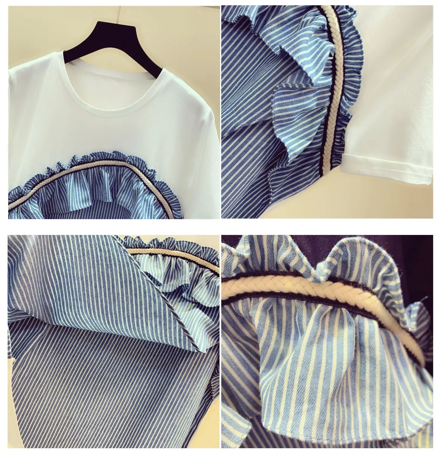 

Ruffled Striped Stitching Tee Shirts Female 2021 Summer Short Sleeve Cotton Loose Round Collar Short Sleeve T-shirt for Student