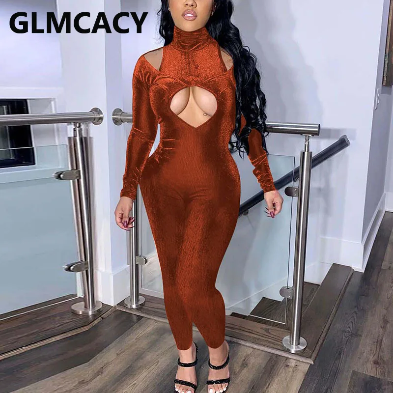 

Women Long Sleeve Cowl Neck Cold Shoulder Velvet Slim Jumpsuit