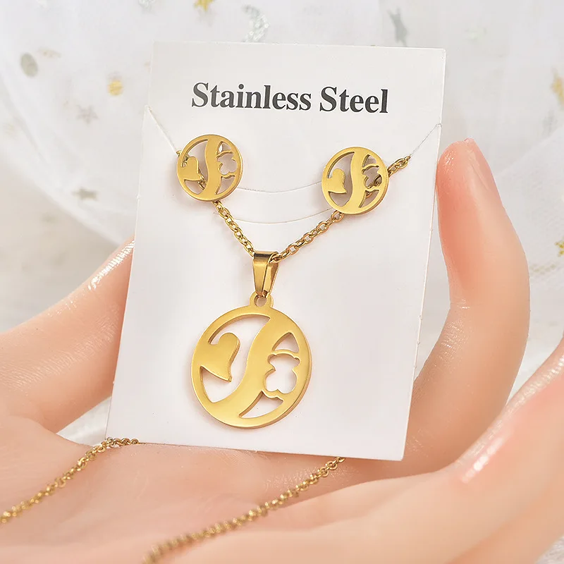 

Fashion Gold Bear Necklace Earrings Jewelry Sets for Women Lock Geometric Key Flowers Never Fade Stainless Steel Jewelry Gfit
