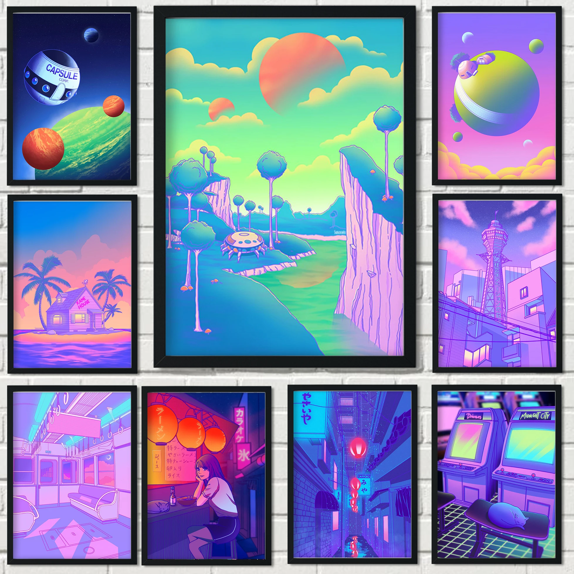 Ночной городские улицы Поп Киото плакат Пространство 80-х Дракон Розовый Вапорвейв Стиль Живопись Художественная картина на стене Дом Кавай Комнатный декор Полотно.