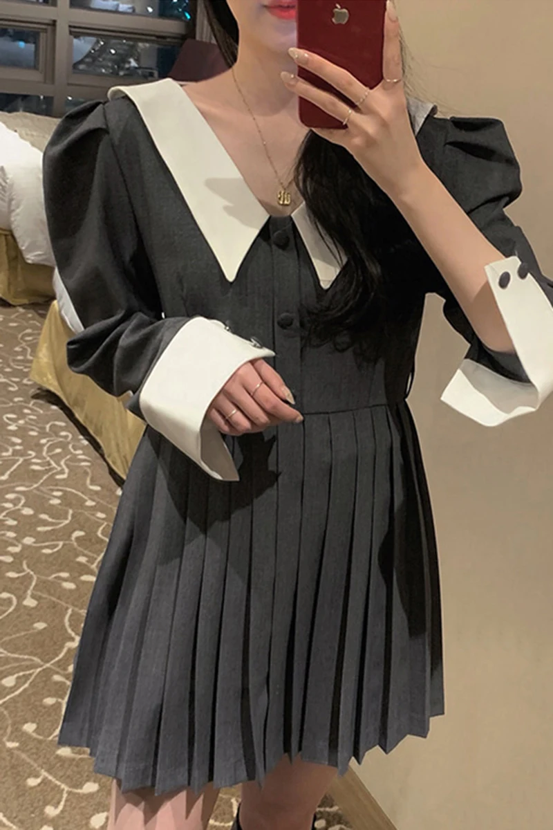 

ZCSMLL BLACK DRESSES Korean chic spring all-match lapel hit color three-button lace waist puff sleeve pleated dress female