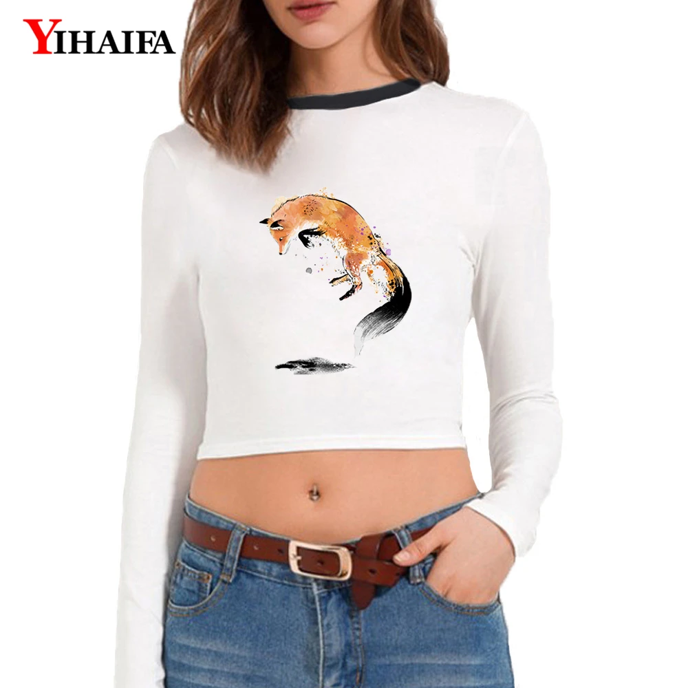 Женский укороченный топ YIHAIFA уличная футболка с длинными рукавами и принтом лисы