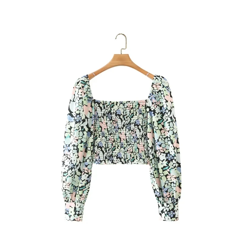 

Hot Sale Women Flower Printing Short Shirt Smock Female Lantern Sleeve Blouse Casual Lady Crop Tops Blusas S9552