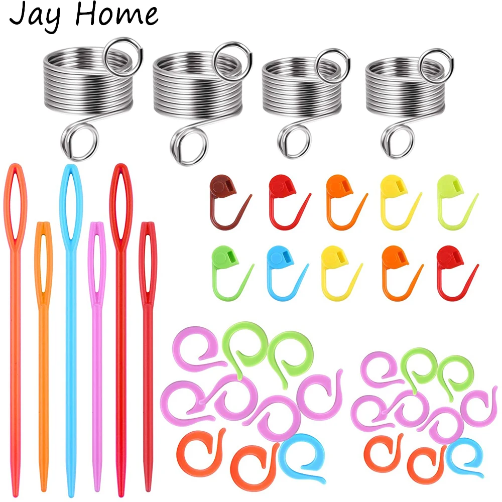 

54PCS Knitting Accessories Finger Holder Knitting Thimble & Stitch Markers & Plastic Yarn Sewing Needles for Weaving and Sewing
