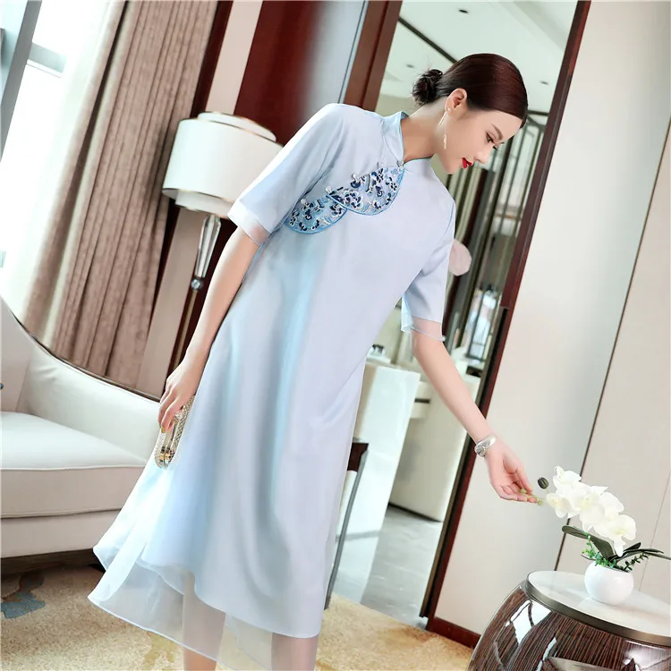 

Free shipping summer original design Chinese style spray Embroidered big size Mandarin collar dress for women