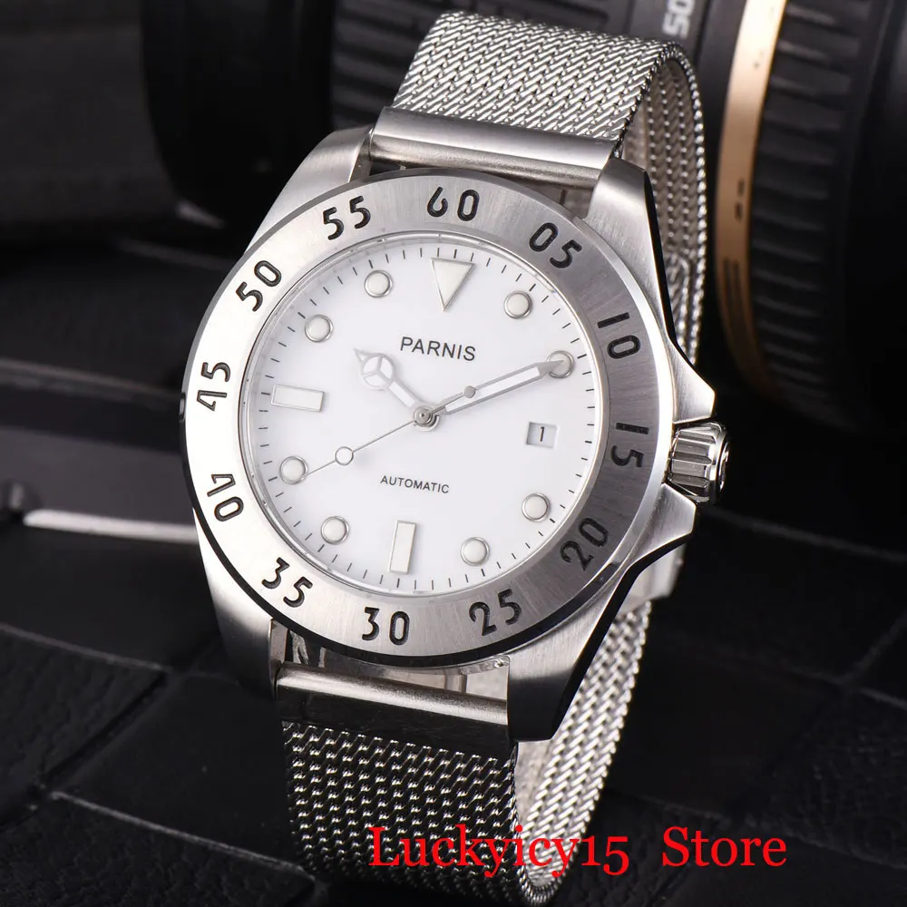 Парнис Лидирующий бренд мода 42mm Круглый автоматические мужские часы сапфировые
