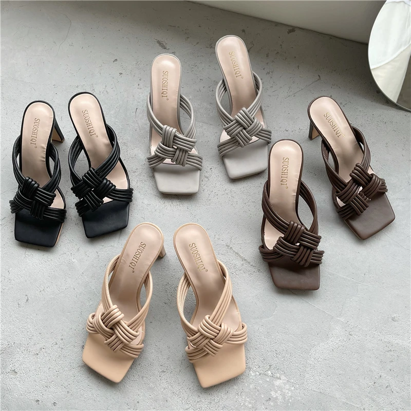 

ZAR A Woman 2021 Shoes Summer Luxury Fashion Cross Knot Square Toe Women Sandals Slippers High Heels Beach Shoes Chaussure Femme