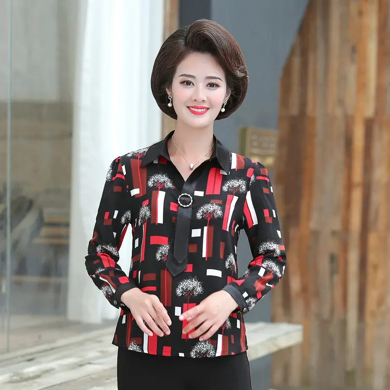 

Spring Autumn Black Red Print Blouses Middle Aged Women Smart Casual Turn Down Collar Tie Neck Design Long Sleeve Chiffon Tops