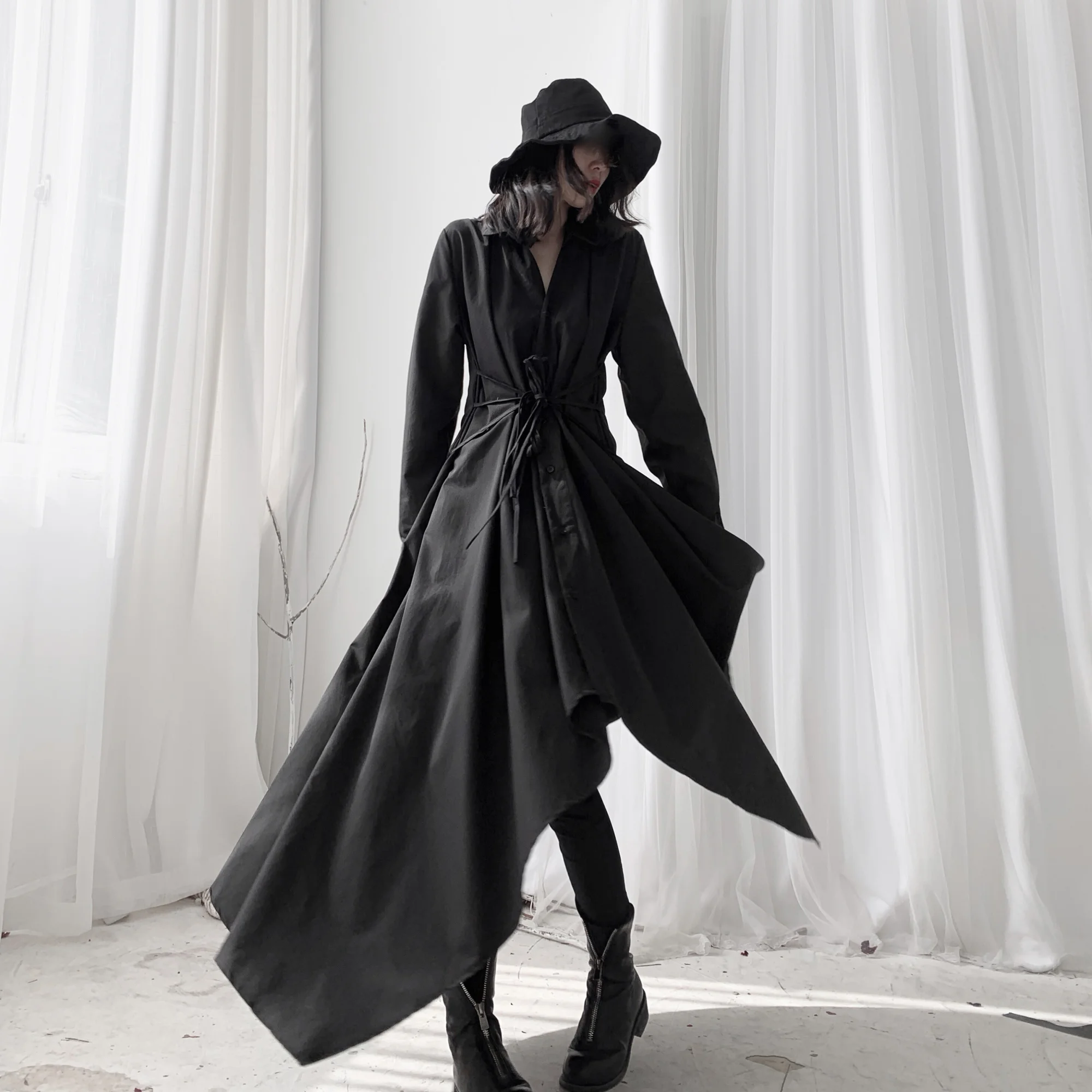 

Платье-рубашка в японском стиле UMI MAO Yamamoto с длинными рукавами и шнурком на талии Y2K