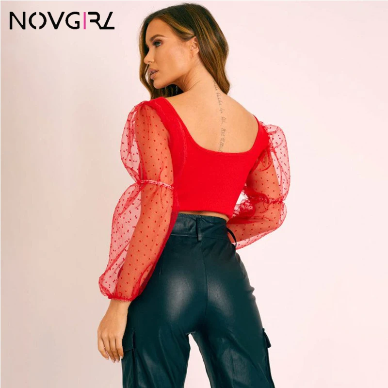 Женский сетчатый топ с рукавами фонариками Novgirl прозрачный укороченный