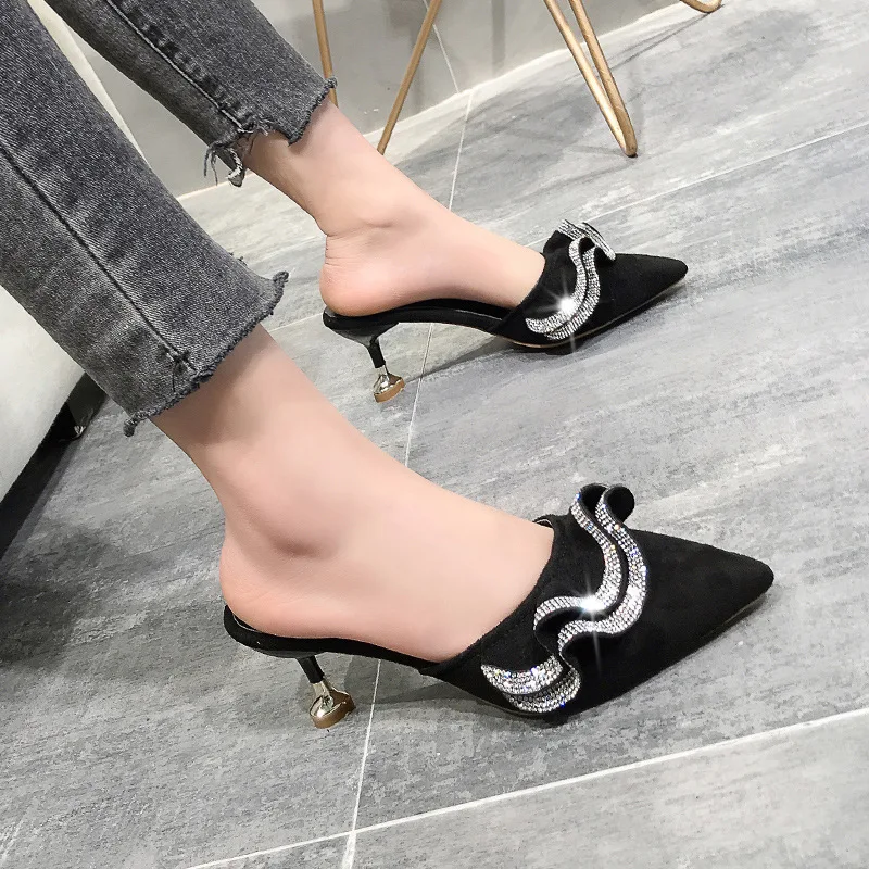 

Women Summer Mules Slippers High Heels Shoes Ladies Crystal Pointed Toe Female Outside Shoes Woman Slip-on Sandals Zapatos Mujer