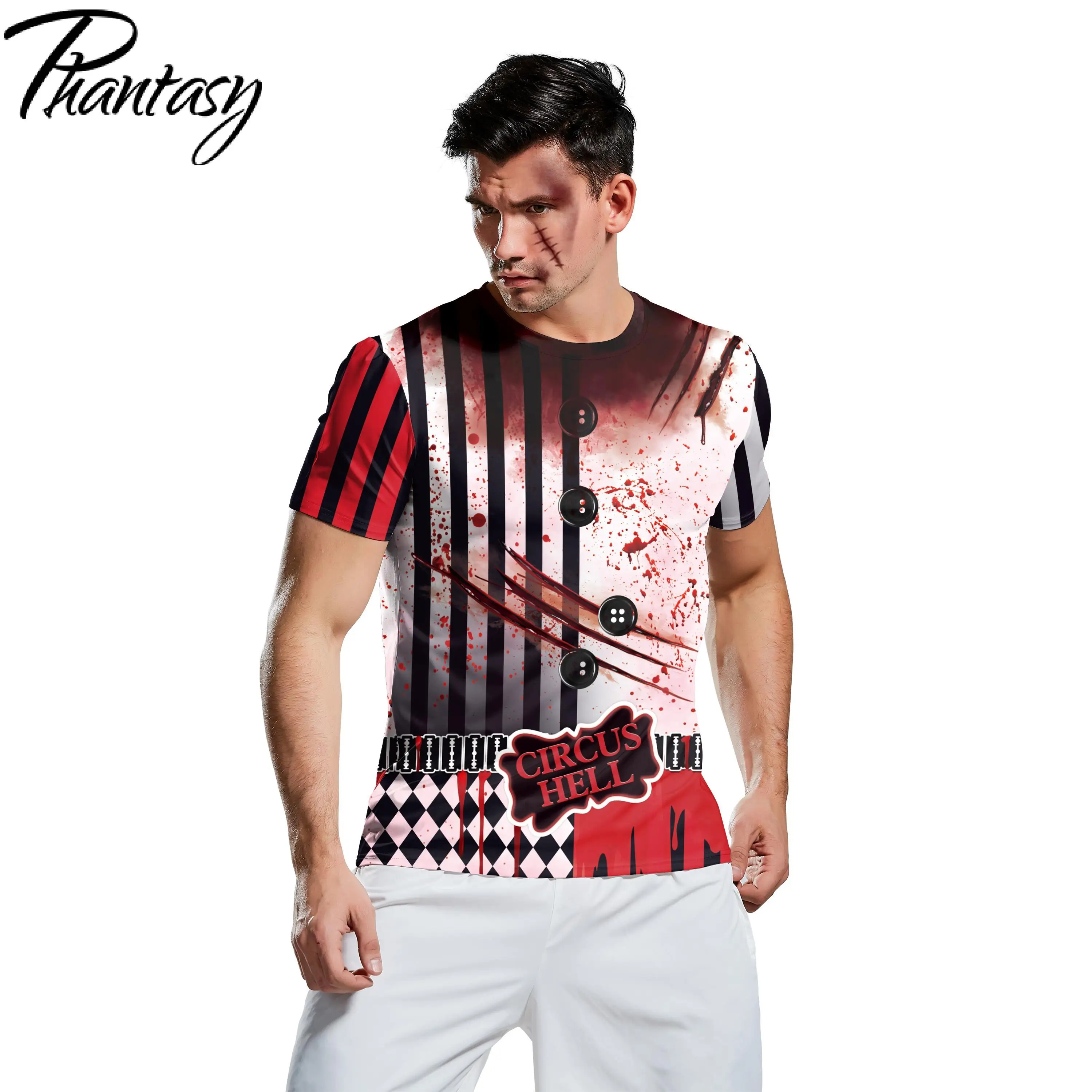Мужской костюм для косплея Phantasy футболка с забавным цирковым принтом на Хэллоуин