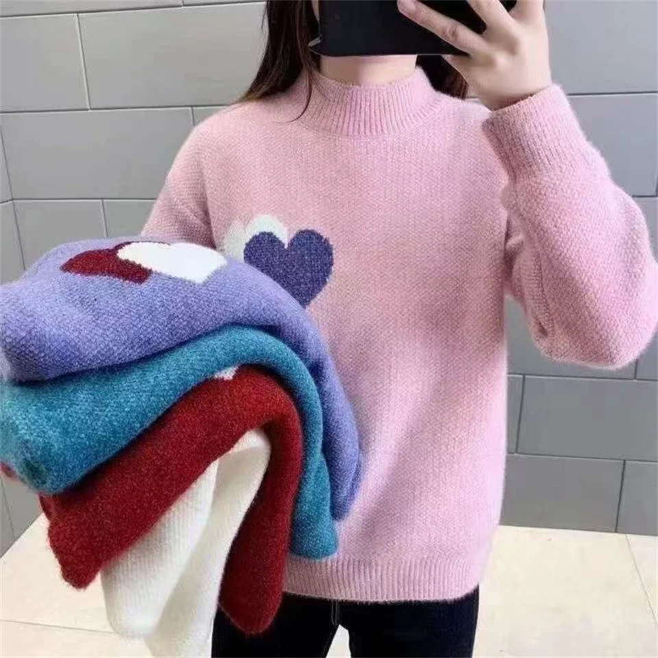

Autumn Winter Turtleneck Knitted Sweater Women Retro Embroidery Knit Pullovers Sweaters All-match Loose Pullovers Top