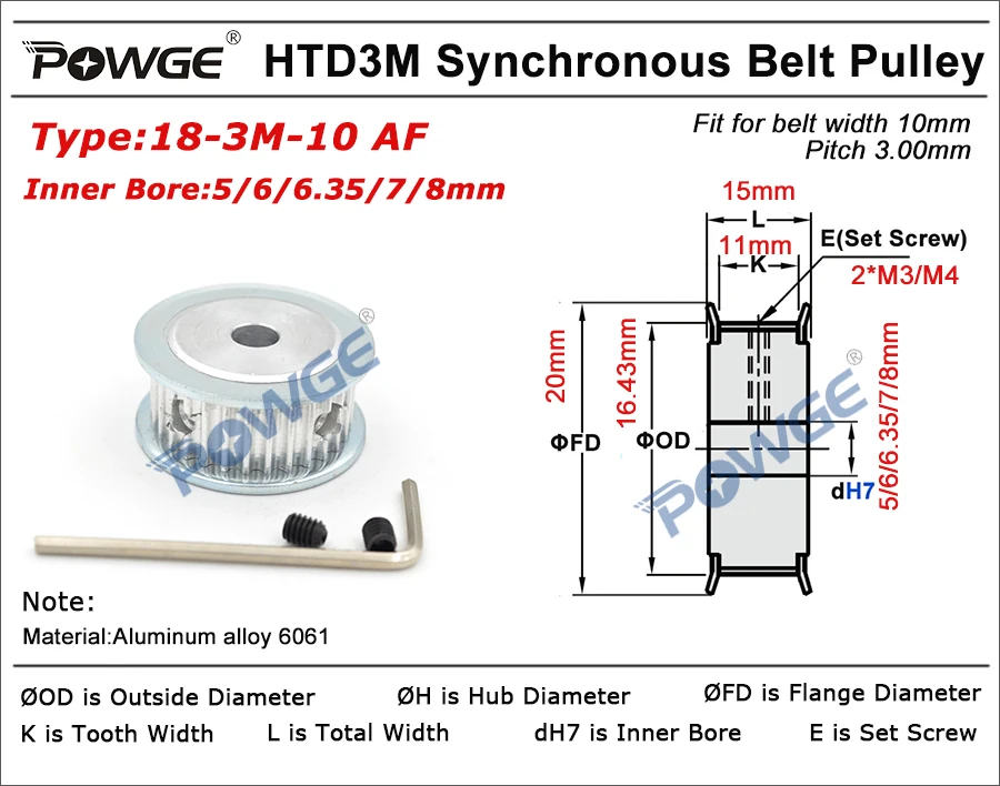 Зубчатый шкив POWGE Act синхронный Шкив HTD 3M 18 зубьев диаметр 5/6/6/7/8 мм для ширины 10 3 м