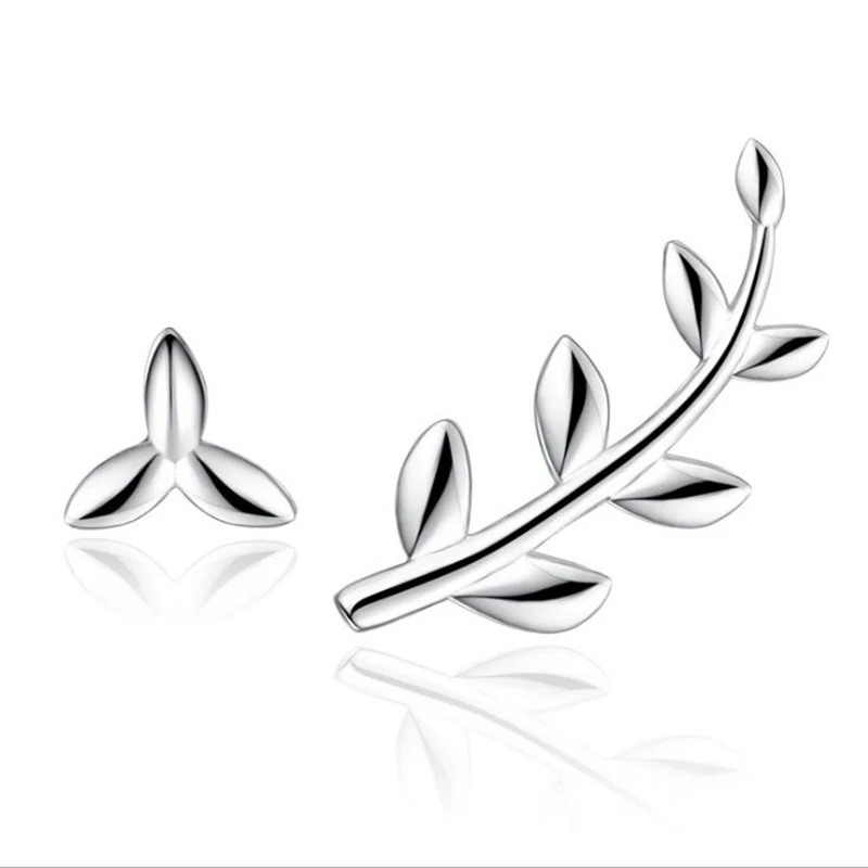 Асимметричные серьги-гвоздики с листьями дерева серебро 925 пробы | Украшения и