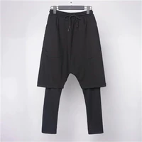 mens false two layer casual pants spring and autumn new solid color elastic waist loose low grade nine minutes sweatpants