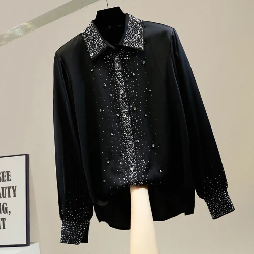 

Рубашка женская однобортная с отложным воротником, модная свободная универсальная блузка с длинным рукавом, элегантный топ со стразами
