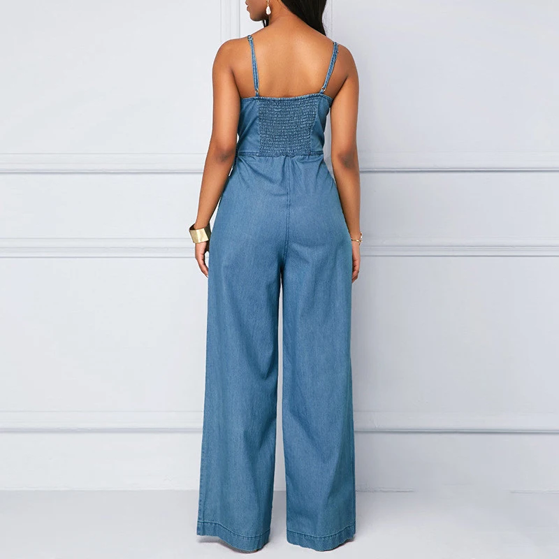 

Summer Women's Denim Jumpsuit Sexy High Waist Wide Leg Long Pants Romper Front Tie Knotted Jeans V-neck Overalls 2021
