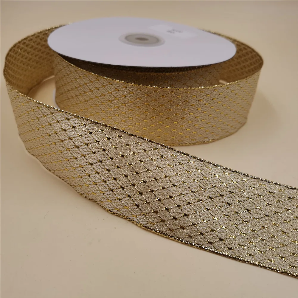 

N1046 38MM Christmas Gold Metallic Ribbon with Wired Edges for Wreath Decoration 25yards roll