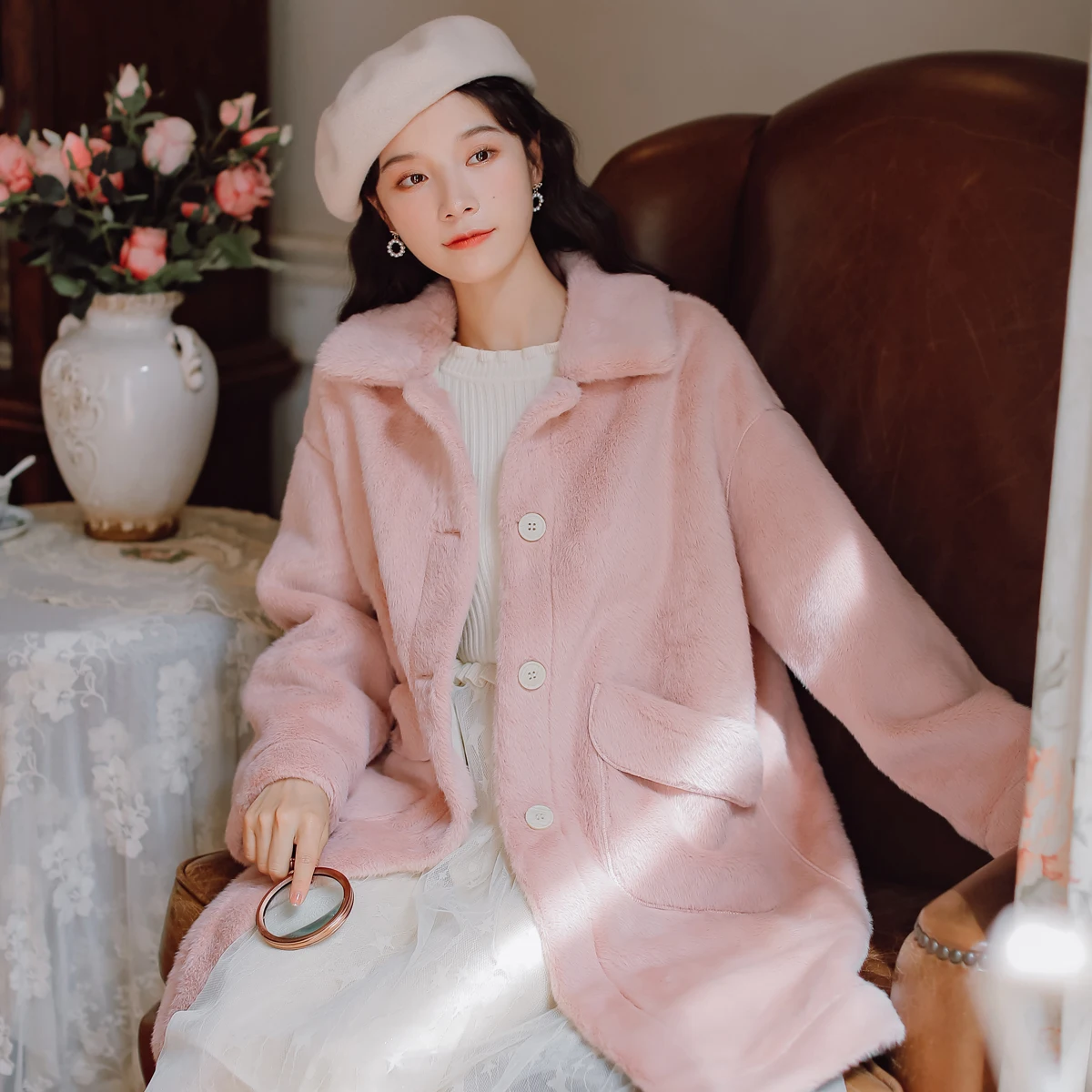 Осень 2022 длинное Свободное пальто из меха норки с отложным воротником и длинным