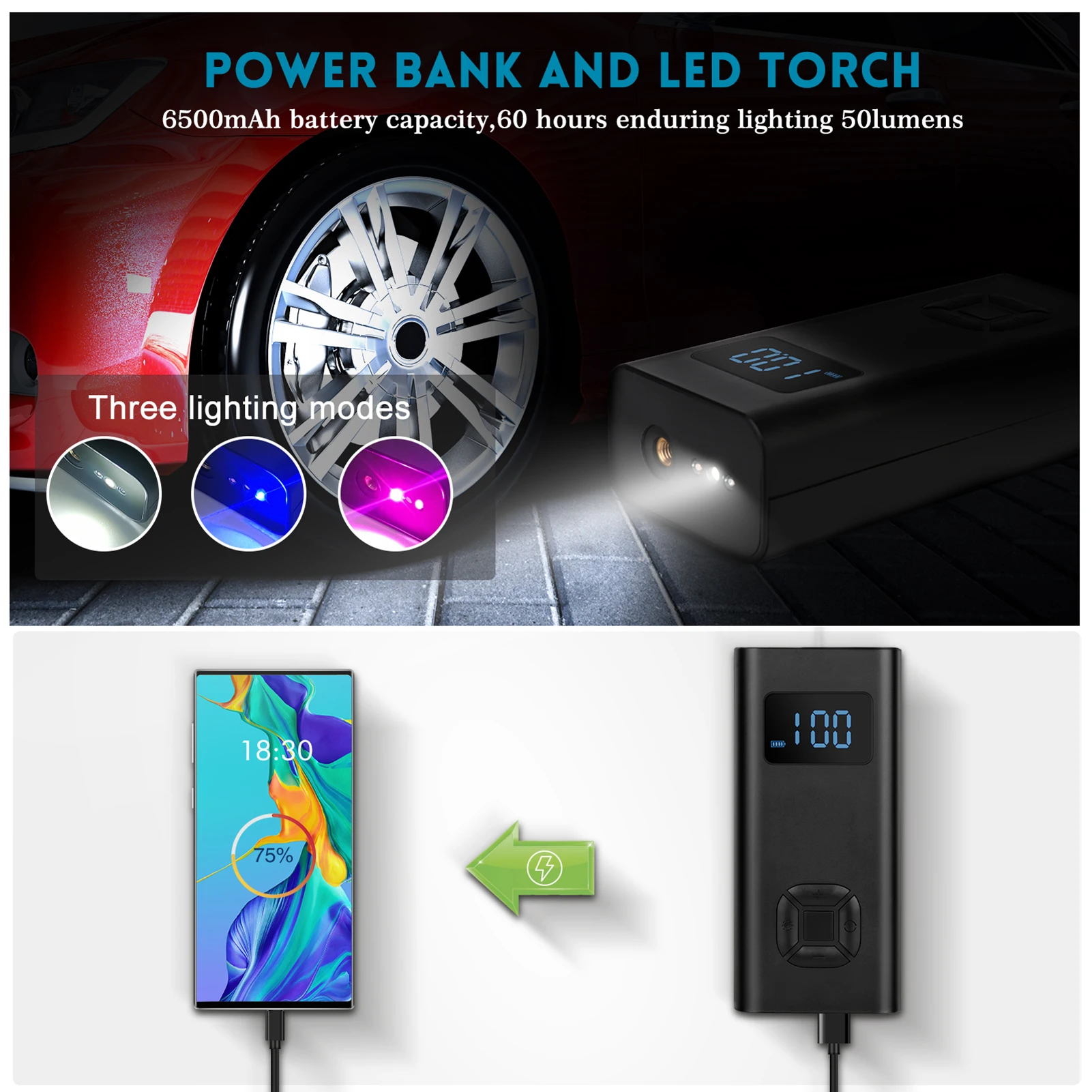 Компрессор Электрический Аккумуляторный со светодиодной лампой 150 PSI |